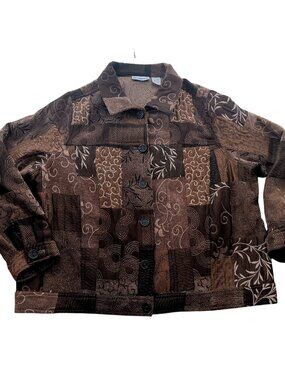 Breckenridge Women Jacket 1X Patchwork Button-Up Brown Polyester Rayon
